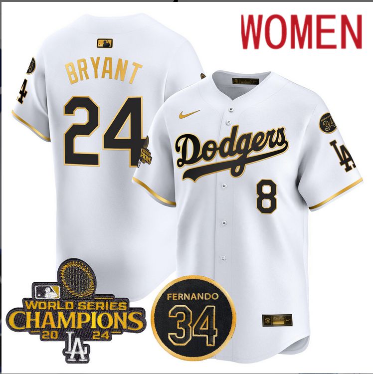 Women MLB Los Angeles Dodgers #24 Bryant white 2024 World Series Champions Patch Limited Jersey style 3->women mlb jersey->Women Jersey